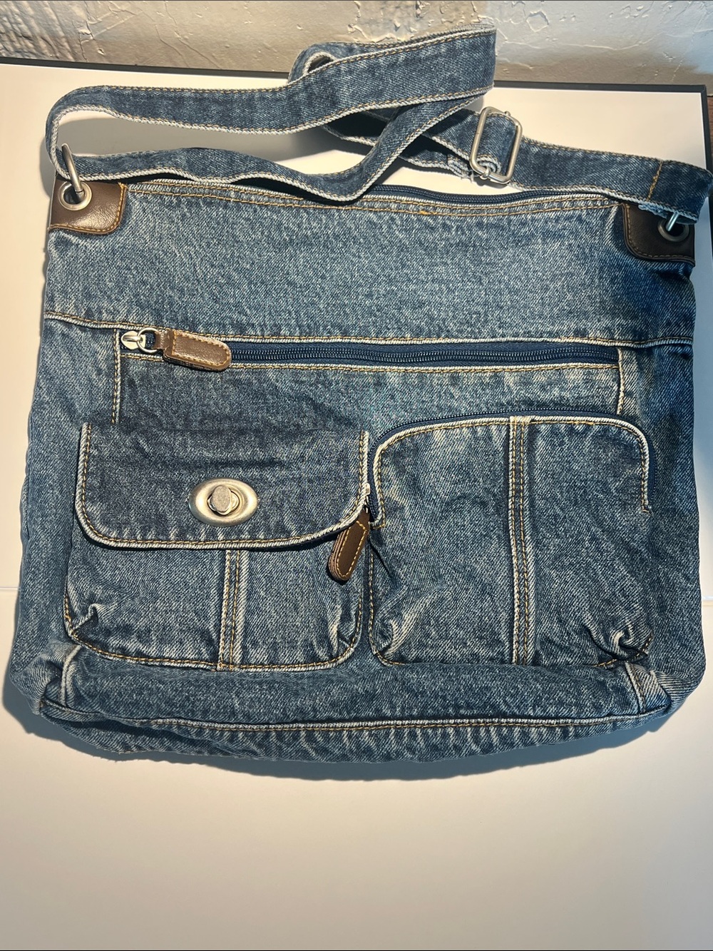 Vintage 1990s Denim Purse Messenger Crossbody Bag with Brown Trim